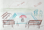 Myriam zeichnete im Bäckerei-Café Brandl das Schwammerlbad nach Erzählungen zweier Kundinnen.
